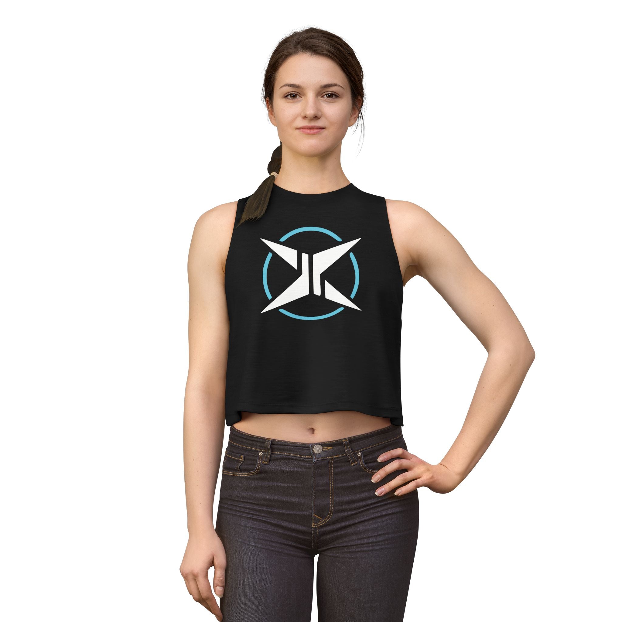 Woman wearing a black sleeveless shirt with a logo on a white background