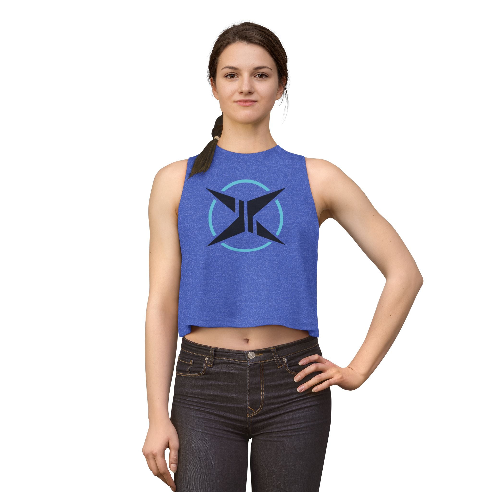 Woman wearing a blue sleeveless shirt with 'Driven Apparel' logo on a white background