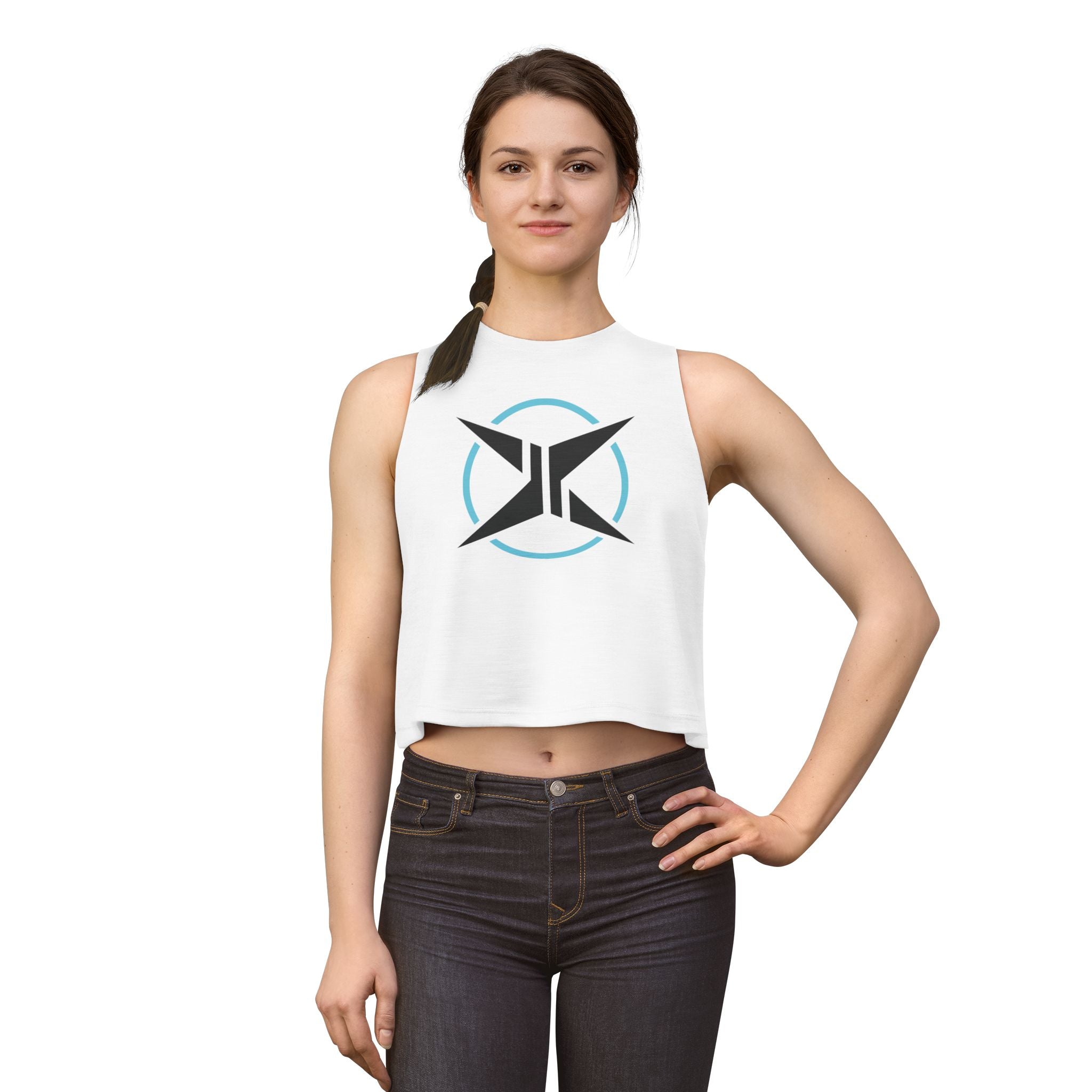 Woman wearing a white sleeveless shirt with text and graphics on a white background