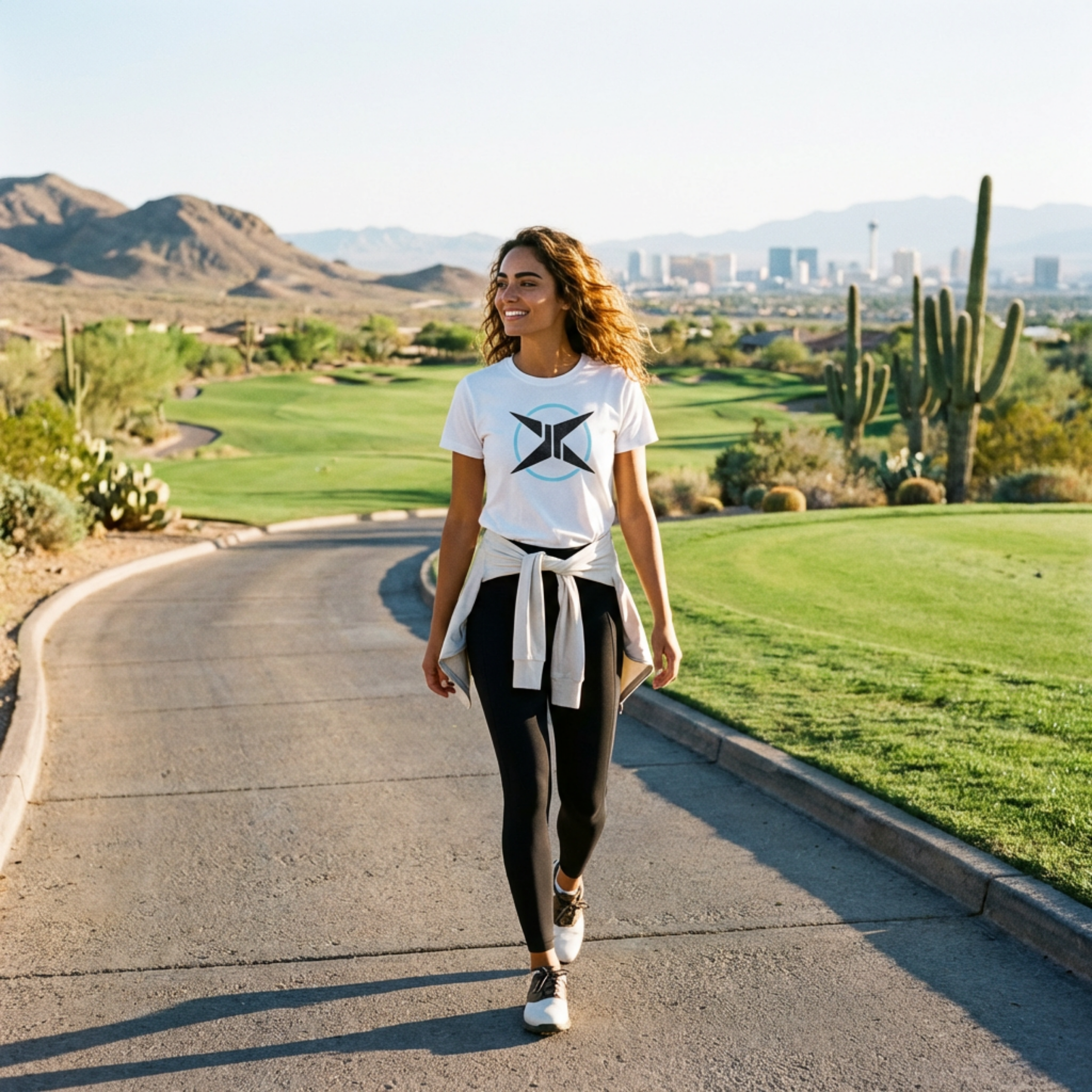 Woman walking on a path with a scenic background of mountains and cacti.