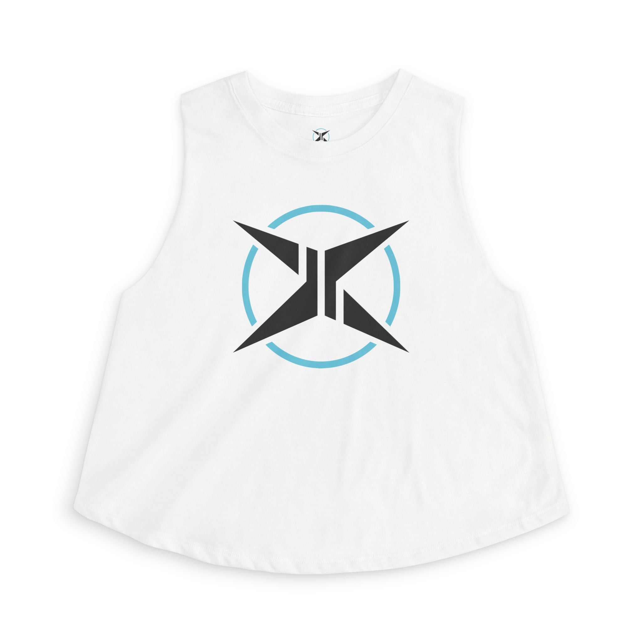 White tank top with a black and blue logo on a white background