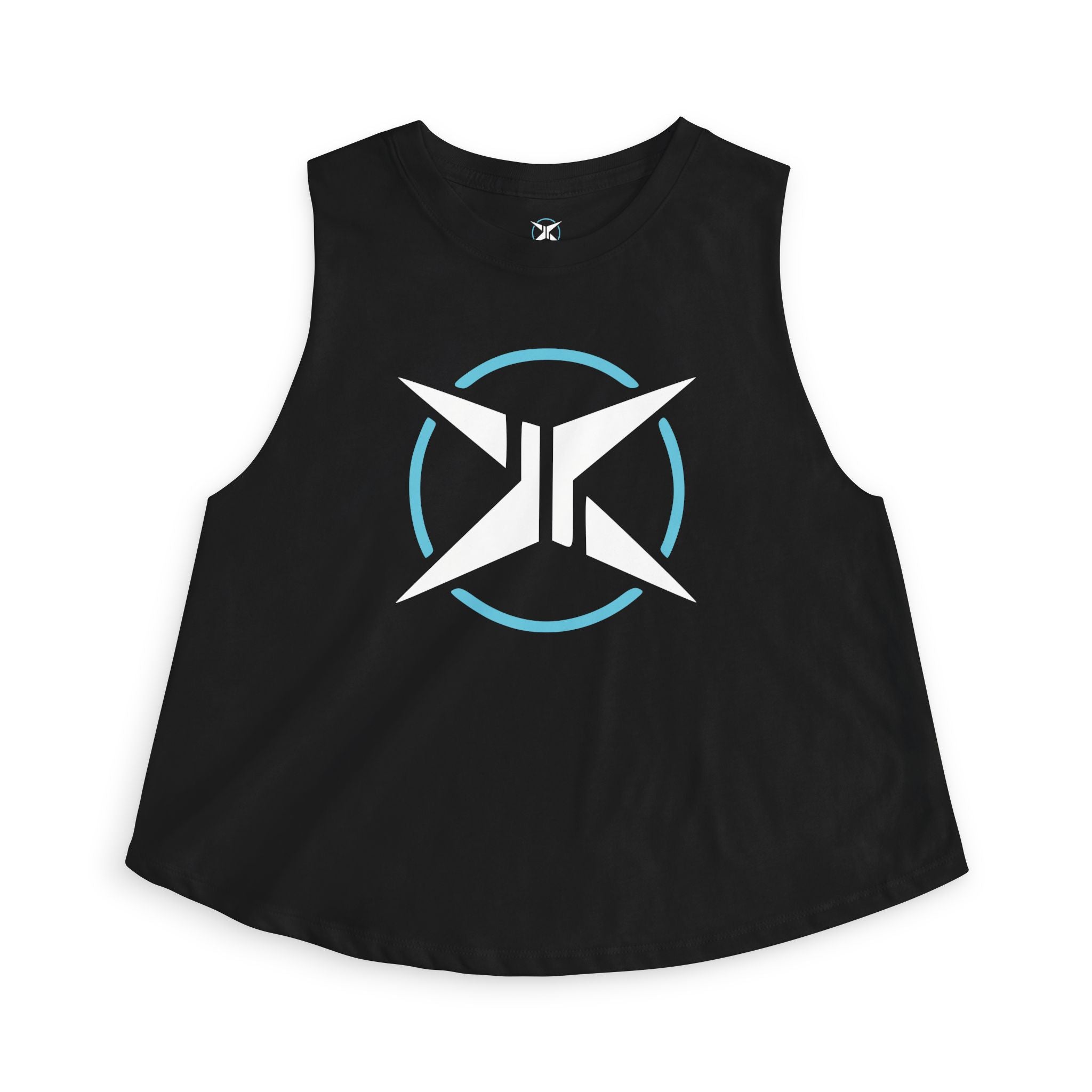 Black sleeveless top with a logo on a white background