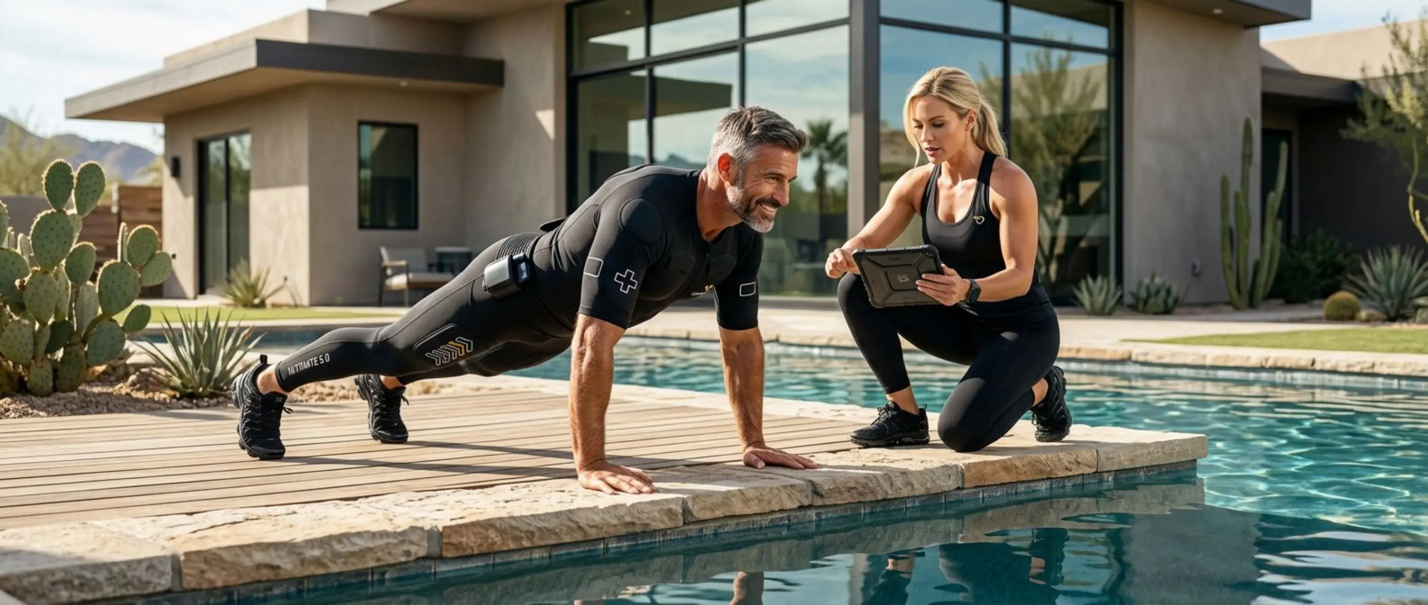 A man in a black full-body workout suit does a plank on a poolside deck while a woman in a black athletic outfit kneels beside him holding a tablet, with a modern house and cacti in the background.