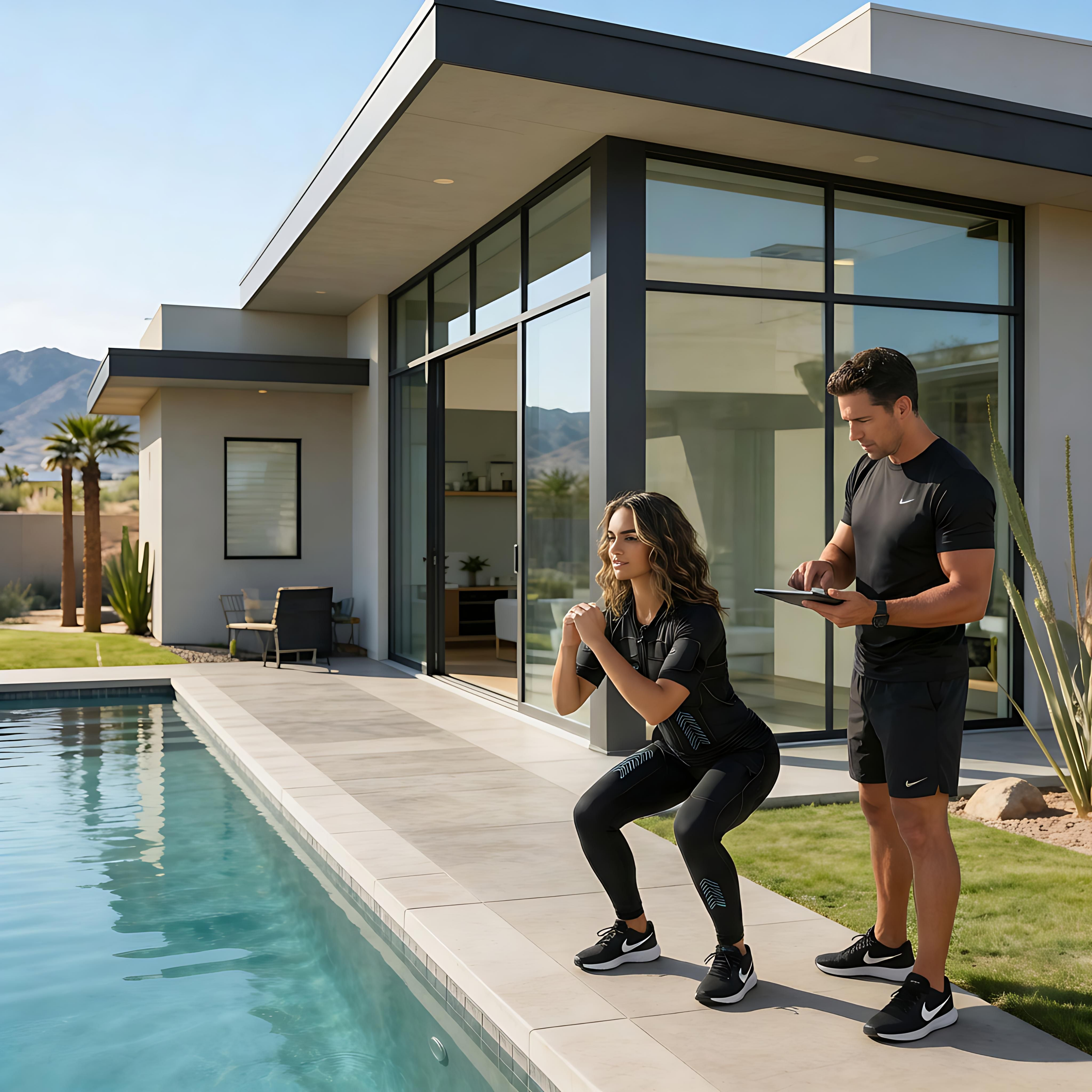 Two people exercising by a modern house with a pool